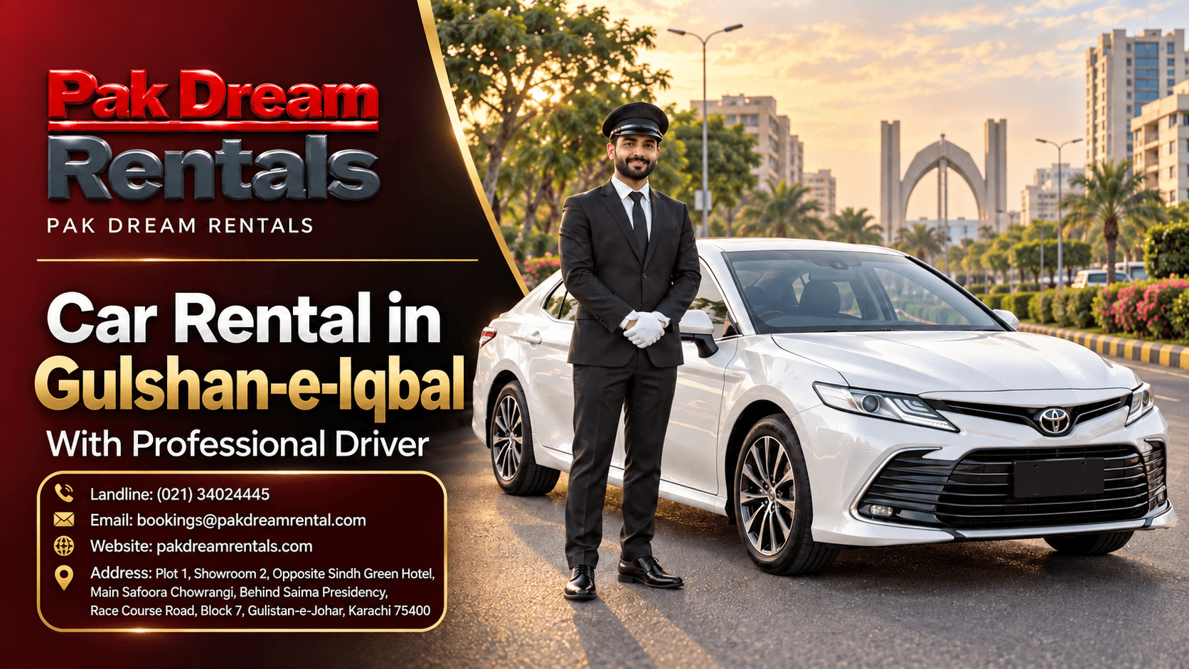 ak Dream Rentals car rental in Gulshan-e-Iqbal Karachi with professional driver